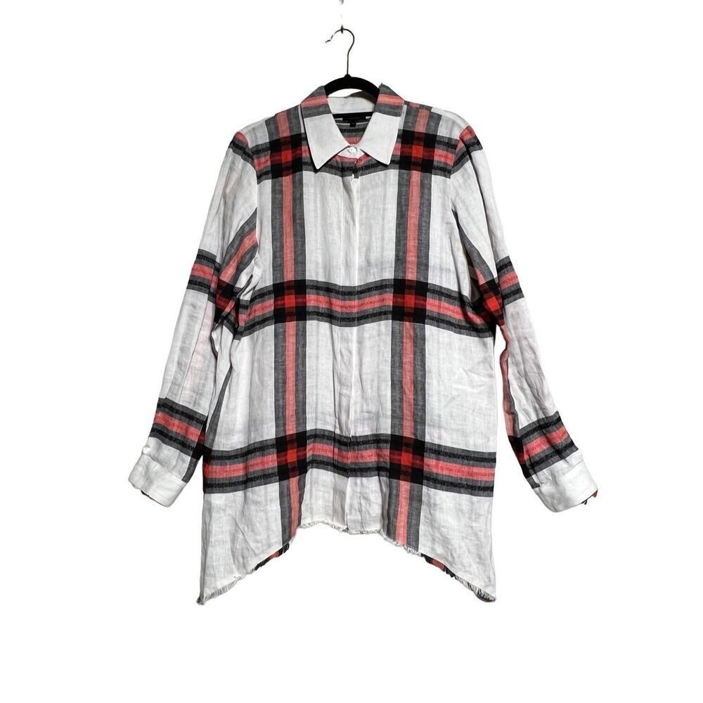 Worth New York Plaid Linen Asymmetrical Button Up Tunic Blouse Size Large
